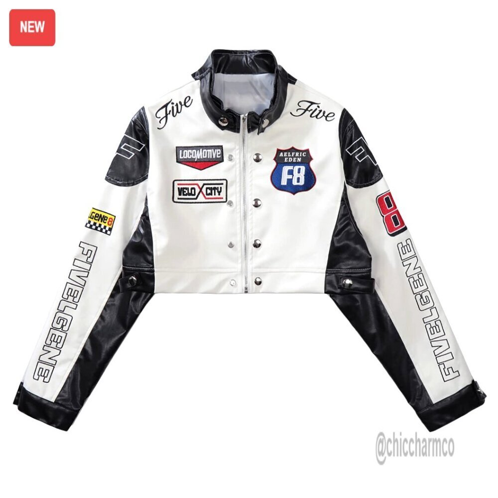 Cropped PU Leather Moto Jacket Women's Racing Biker Style Casual Coat
